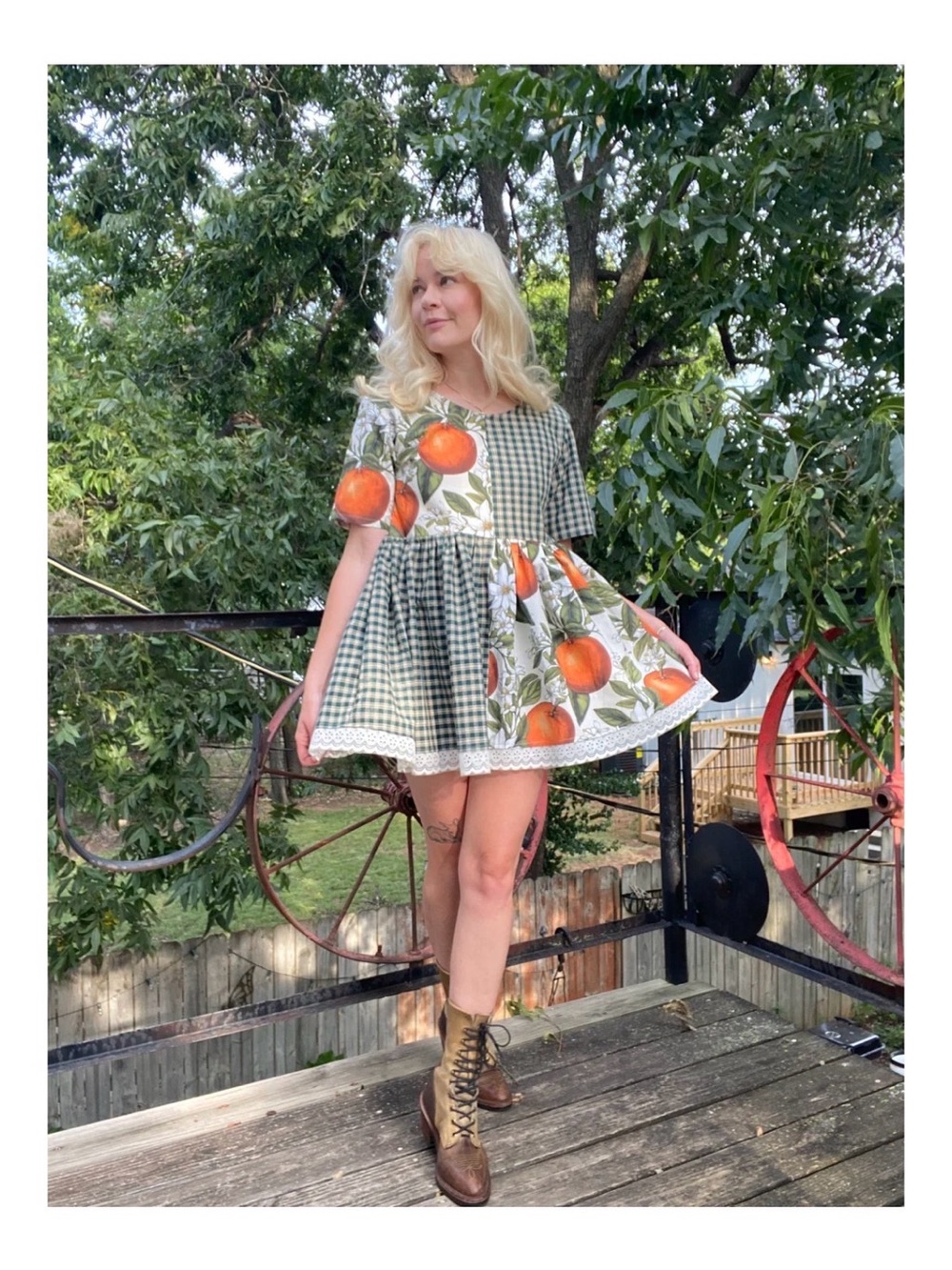 Green Gingham Mini Dress with Orange Fruit Panels